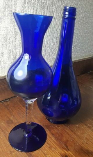 Vintage Cobalt Blue Glass Vase With Stem 10 Inches High & 12 " Bottle X150
