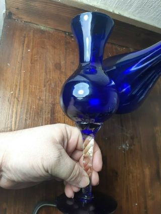 Vintage Cobalt Blue Glass Vase With Stem 10 Inches High & 12 
