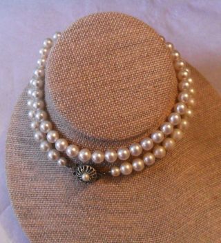 Vintage Sarah Cov Faux Pearls Necklace,  Chiselled Silvertone Clasp,  One Row