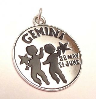 Vintage Gemini Zodiac Disc Round Sterling Silver Pendant Charm