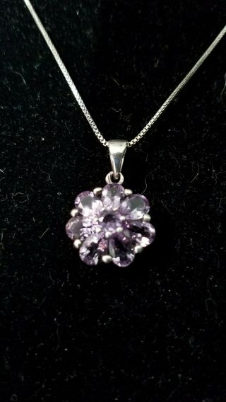 Vtg.  Jc 925 Sterling Silver Amethyst Crystals Pendant W/ 925 Boxchain Necklace