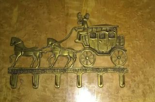 Vintage Brass Key Holder Wall Hook Horses & Carriage Wall Mount Equestrian