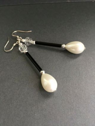 Art Deco Vintage Style Long Pearl,  Black,  Clear 925 Sterling Silver Earrings