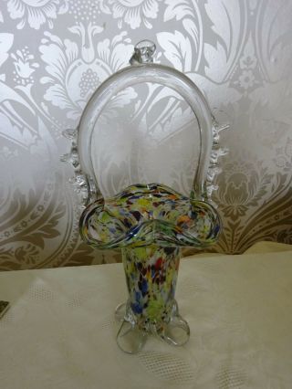 Vintage Retro Art Glass Murano Large Multi Coloured Glass Basket Vase 28cm Tall