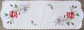 Vintage Embroidered Red Roses Table Runner Or Dresser Scarf