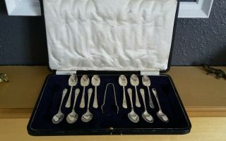 12 Antique / Vintage Silver Plated Tea Spoons & Sugar Tongs By James Dixon & Son