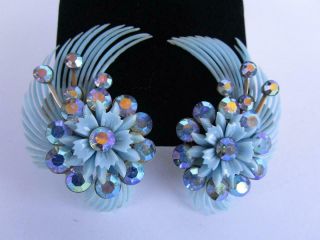 Vintage Coro Blue Aurora Borealis Rhinestone Plastic Feather Spray Earrings