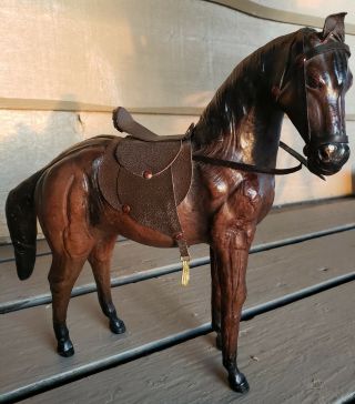 Vintage Leather Horse Figurine Statue Equestrian Art Sculpture Glass Eyes