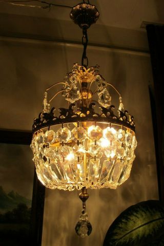 Antique Vintage French Basket Style Crystal Chandelier Light Lamp 1940 