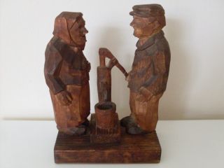 Vintage Black Forest Wood Carving,  Old Couple At Water Pump.