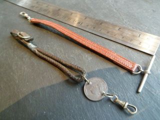 Vintage Military Style Leather Albert Pocket Watch Chain X2 Italy 1913 Wwi