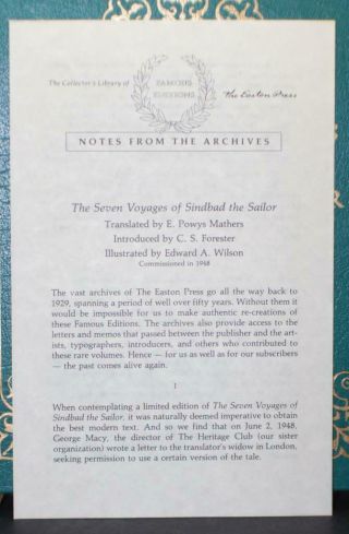 THE SEVEN VOYAGES OF SINBAD THE SAILOR,  EATON PRESS,  INTRO by CS FORESTER 3