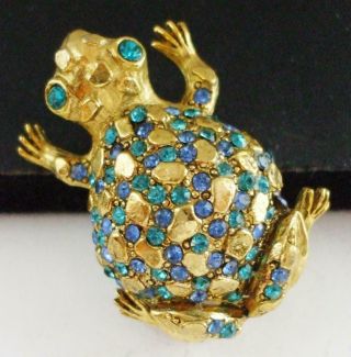 Adorable Vintage Domed Frog Pin Brooch W/aqua & Blue Rhinestones