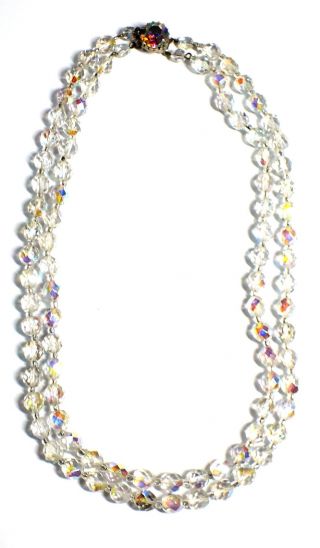 Vintage White Metal Faceted Aurora Borealis Crystal Necklace,  17 " 61.  47g - Y96