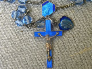 French Vintage Blue Glass Rosary Jesus Cross & Medal Of Mary Blue Enamel