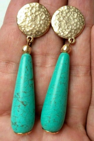 Stunning Vintage Estate Turquoise Glass Bead 2.  5 " Post Earrings 2401r