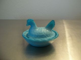 Vintage Blue Glass Miniature Chicken /hen On Nest Salt Dip