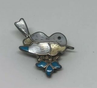 Vintage Sterling Silver & Enamel Bird On Branch W/ Leaves Pin/brooch Pendant
