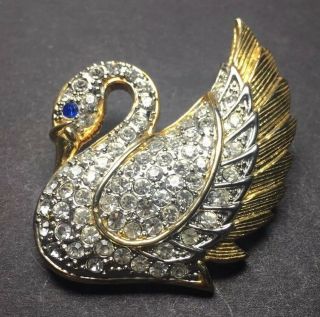 Park Lane Signed Vintage Large Swan 2” Paved Rhinestones Silver & Gold Tone