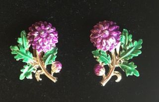 Vintage Signed 1960’s Exquisite Chrysanthemum Enamel Clip Earrings - Collectable