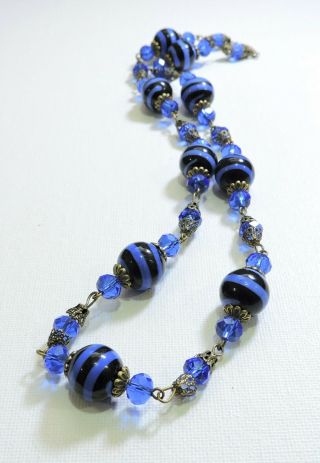 Vintage Black & Blue Striped Lampwork Art Glass Bead Necklace Au19204