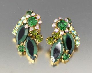 Vintage 50’s Green Crystal Glass Rhinestone Bead Clip Earrings D&e Juliana