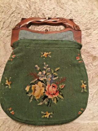 Vintage Needlepoint Tote Bag With Bermuda Wood Handles