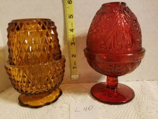 2 Vintage Indiana Glass Amber & Ruby Red Tiara Sandwich Fairy Candle Lamp