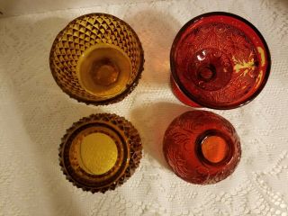 2 Vintage Indiana Glass Amber & Ruby Red Tiara Sandwich Fairy Candle Lamp 2