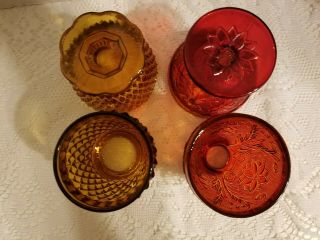 2 Vintage Indiana Glass Amber & Ruby Red Tiara Sandwich Fairy Candle Lamp 3
