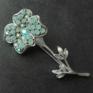 Signed Coro (pegasus) Vintage Blue Ab Rhinestone Flower Leaf Brooch Pin W103