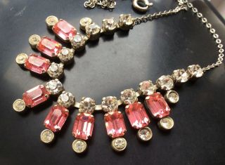 Vintage Art Deco Baguette Pink Crystal Glass Bezel Set Foiled Necklace
