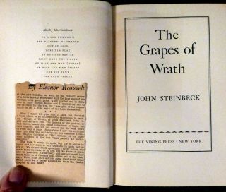 1939 BOOK - THE GRAPES OF WRATH by JOHN STEINBECK -,  ELEANOR ROOSEVELT REVIEW 3