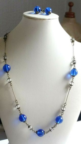 Czech Blue And Clear Glass Bead Necklace/earrings Set Vintage Deco Style