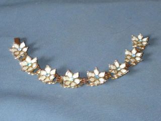 Vintage Gold - Tone Metal Blue Rhinestone White Lucite Flower Bracelet
