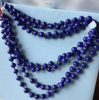 Vintage Lapis Lazuli Czech Glass Bead Necklace Flapper Length Beads Hand Knotted 2