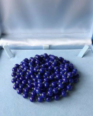 Vintage Lapis Lazuli Czech Glass Bead Necklace Flapper Length Beads Hand Knotted 3