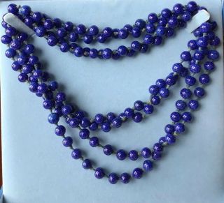 Vintage Lapis Lazuli Czech Glass Bead Necklace Flapper Length Beads Hand Knotted 4