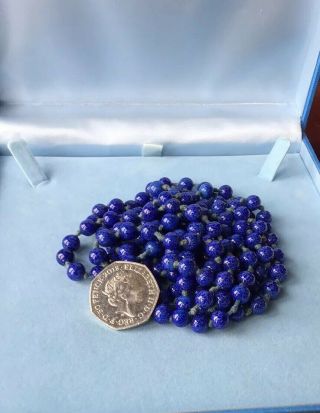 Vintage Lapis Lazuli Czech Glass Bead Necklace Flapper Length Beads Hand Knotted 5