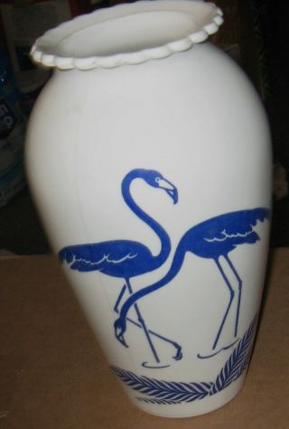 Vintage Anchor Hocking White Milk Glass Blue Flamingo 9 " Vase