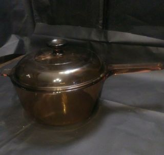 Vintage Corning Vision Ware Amber 2.  5 Liter Saucepan With Lid Made In America