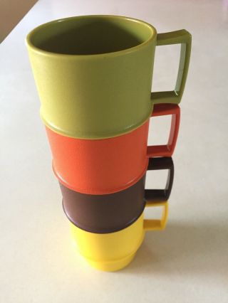 4 Vintage Tupperware Stacking Coffee Cup Mug 1312 Orange Green Brown Gold Euc