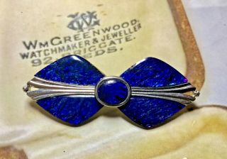 Vintage Silver Metal Brooch Translucent Blue Shell Style Art Deco Style Bow
