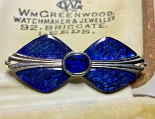 VINTAGE SILVER METAL BROOCH TRANSLUCENT BLUE SHELL STYLE ART DECO STYLE BOW 2