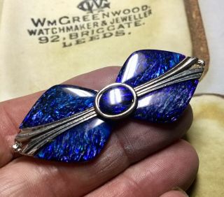 VINTAGE SILVER METAL BROOCH TRANSLUCENT BLUE SHELL STYLE ART DECO STYLE BOW 3