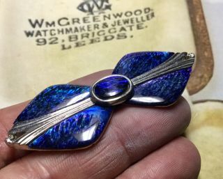 VINTAGE SILVER METAL BROOCH TRANSLUCENT BLUE SHELL STYLE ART DECO STYLE BOW 4