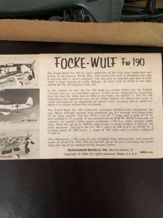 Vintage 1/48 Monogram Focke - Wulf Fw190 Model Kit 6804 1960 ' s - 70 ' s 2