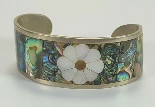 Vintage Mexico Alpaca Silver Mother Of Pearl Flower Abalone Wide Cuff Bracelet