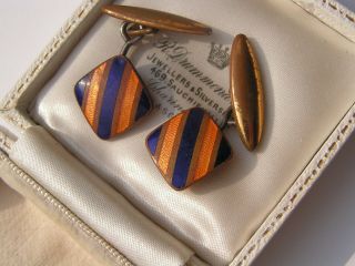 Lovely Vintage Art Deco Sapphire Blue & Orange Enamel Gents Cuff Links