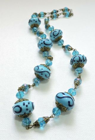 Vintage Turquoise Blue With Navy Swirls Lampwork Art Glass Bead Necklace Jl19370